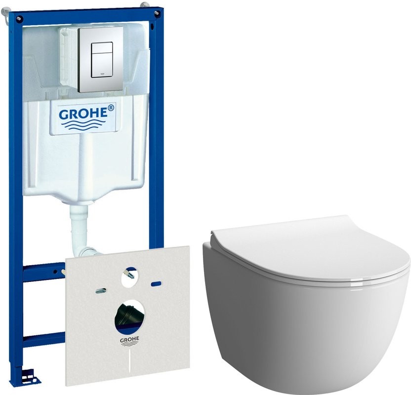 Комплект Унитаз подвесной VitrA Sento + Крышка + Инсталляция Grohe Rapid SL 38775001H 4 в 1 с кнопкой смыва и шумоизоляцией