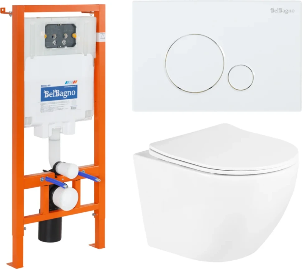 Комплект Унитаз подвесной BelBagno Uno BB3105CHR/SC безободковый, с микролифтом, инсталляция BB002-80 с кнопкой BB014-SR-BIANCO