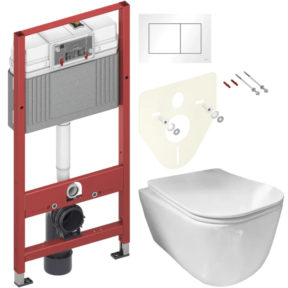 Комплект Унитаз подвесной Ceramicanova New Day CN3005 с микролифтом, безободковый + Инсталляция TECE Base 9400413 4 в 1 с кнопкой смыва