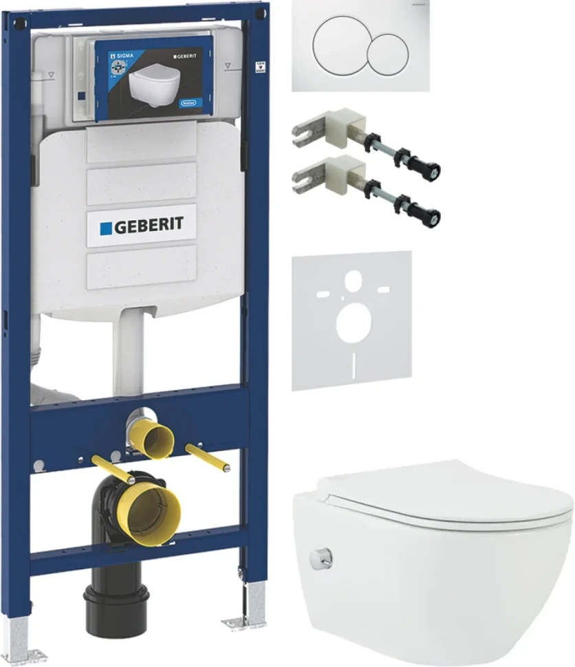 Комплект Унитаз подвесной beWash Bogen 88343601 со смесителем, системой микролифт, белый + Крепления Geberit Duofix 111.815.00.1 к стене + Звукоизоляция + Инсталляция UP 320 111.300.00.5 + Кнопка Sigma 01 115.770.11.5 белая