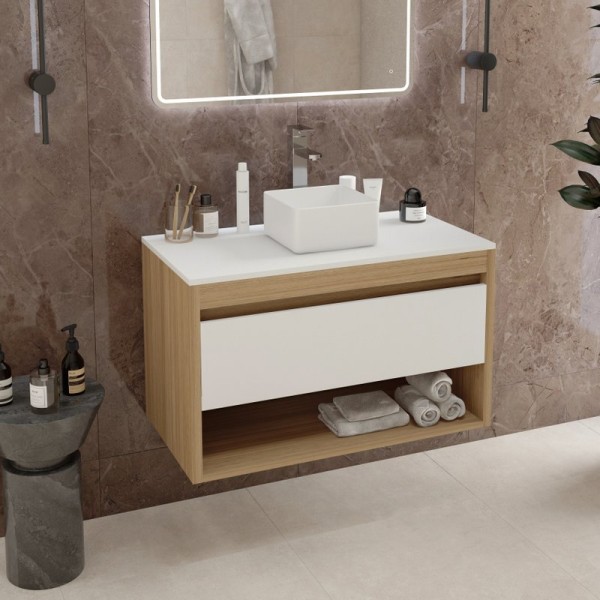 Тумба с раковиной Teymi Ritta 85 дуб эврика, матовая белая, раковина Helmi Mini 24