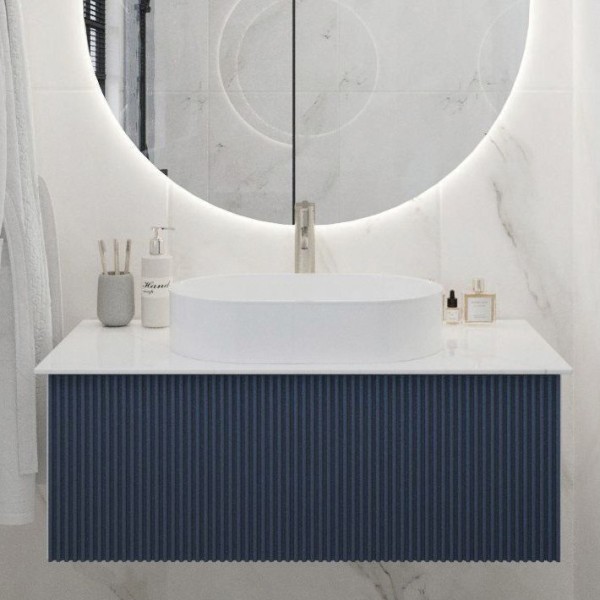 Тумба под раковину со столешницей La Fenice Terra 100 подвесная, синяя, столешница белый мрамор