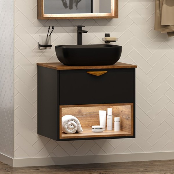 Тумба под раковину Brevita Bergen 60 подвесная, с подсветкой, дуб галифакс олово, черный