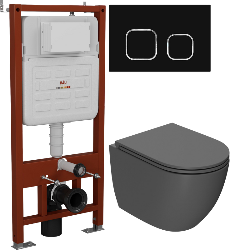 Комплект Унитаз подвесной Bauedge Dream BL0001-DG безободковый, с микролифтом, матовый темно-серый + Инсталляция Ideal + Кнопка Strike черная матовая