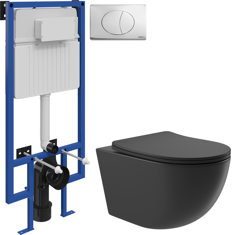 Комплект Унитаз подвесной Aqueduto Ovo OVO0140 безободковый, с микролифтом, черный матовый + Инсталляция STWORKI + Кнопка 230822 хром глянцевый