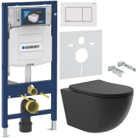 Комплект Унитаз подвесной Aqueduto Ovo OVO0140 безободковый, с микролифтом, черный матовый + Крепления Geberit Duofix 111.815.00.1 к стене + Инсталляция UP 320 111.300.00.5 + Кнопка Sigma 30 115.883.JT.1 белая матовая, хром глянцевый + Звукоизоляция