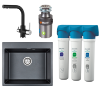 Комплект Мойка кухонная Paulmark Kante 60 PM106052-BLM черный металлик + Смеситель Essen Es213011-418 черный металлик + Измельчитель Bort Titan 4000 C + Фильтр Refine System
