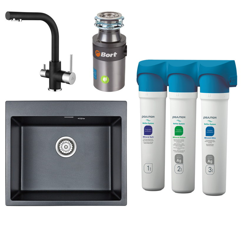 Комплект Мойка кухонная Paulmark Kante 60 PM106052-BLM черный металлик + Смеситель Essen Es213011-418 черный металлик + Измельчитель Bort Titan 4000 C + Фильтр Refine System