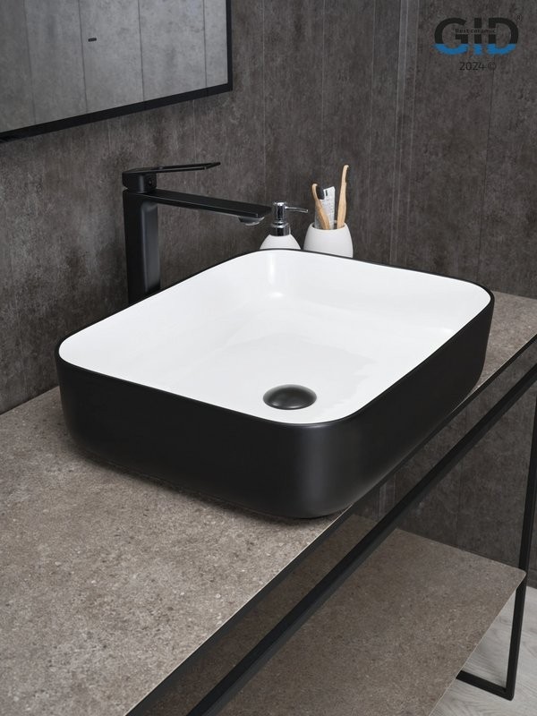 Накладная раковина GID Geometrico Nc366 50 глянцевая белая, матовая черная, прямоугольная, фаянс
