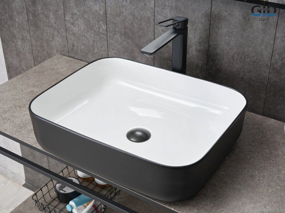 Накладная раковина GID Geometrico Nc366 50 глянцевая белая, матовая черная, прямоугольная, фаянс