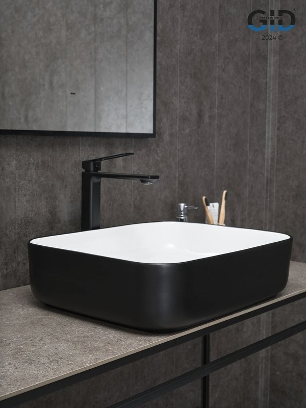 Накладная раковина GID Geometrico Nc366 50 глянцевая белая, матовая черная, прямоугольная, фаянс