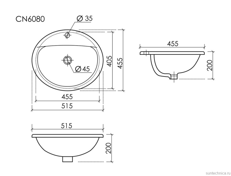 Раковина встраиваемая сверху Ceramicanova Sun овальная 515x455x200 мм с переливом цвет белый CN6080