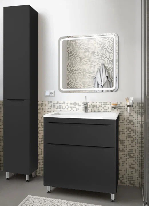 Шкаф пенал для ванной Style Line Бергамо Люкс Plus 30 L с бельевой корзиной, антискрейтч черный