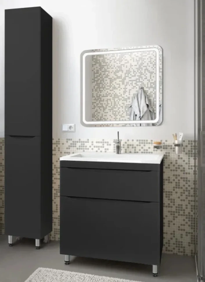 Шкаф пенал для ванной Style Line Бергамо Люкс Plus 30 L с бельевой корзиной, антискрейтч черный
