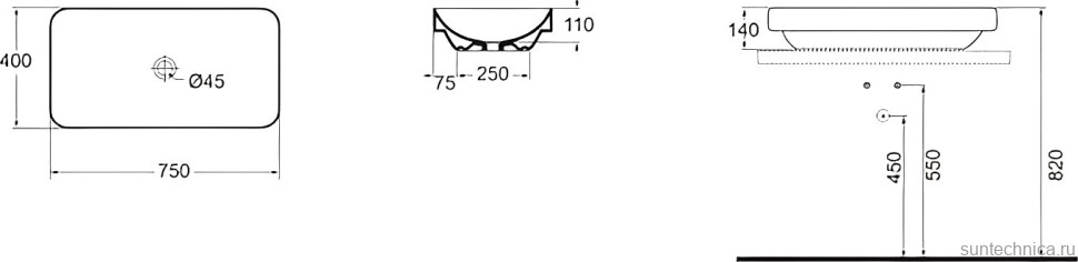 Раковина встраиваемая сверху Azzurra Elegance ELLG075400S0BI/(ESO75 bi)*0 75 белая, прямоугольная, фаянс