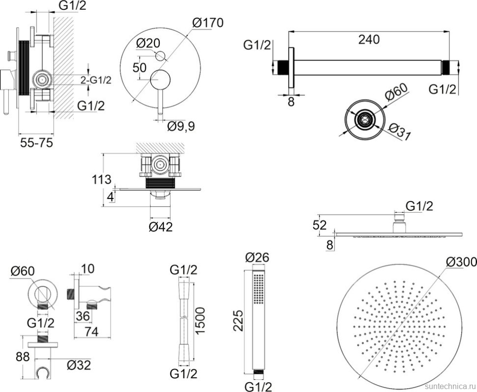 Душевой комплект WHITECROSS Y YSET12GL С ВНУТРЕННЕЙ ЧАСТЬЮ, золото