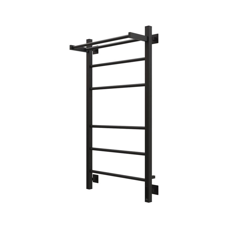 Полотенцесушитель электрический Grota Alto 530х1000 RAL9005 EL 100x55 см, подключение справа, слева, скрытое подключение справа, матовый черный, лесенка, из стали, с полкой