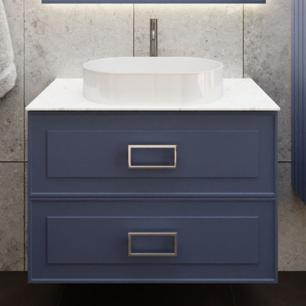 Тумба под раковину со столешницей La Fenice Cubo Twin Blu Grigi 80 подвесная, синяя матовая, столешница белый мрамор