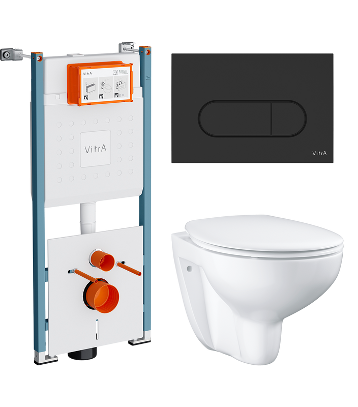 Комплект Унитаз подвесной Grohe Bau Ceramic 39351000 безободковый, альпин-белый + Инсталляция VitrA V-Fix Core 732-5800-01PV + Кнопка Root Round 740-2211 черная матовая