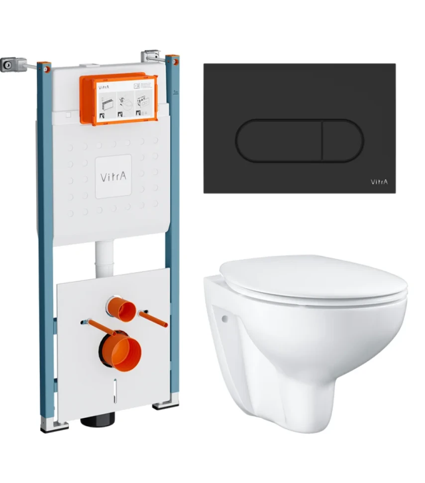 Комплект Унитаз подвесной Grohe Bau Ceramic 39351000 безободковый, альпин-белый + Инсталляция VitrA V-Fix Core 732-5800-01PV + Кнопка Root Round 740-2211 черная матовая