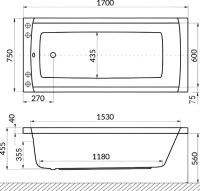 Акриловая ванна Excellent Aquaria Line Nano 170x75 см, встраиваемая, с гидромассажем, белая, с каркасом, со сливом-переливом, фурнитура золото