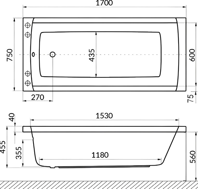 Акриловая ванна Excellent Aquaria Line Nano 170x75 см, встраиваемая, с гидромассажем, белая, с каркасом, со сливом-переливом, фурнитура золото