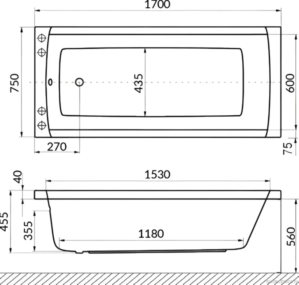 Акриловая ванна Excellent Aquaria Line Nano 170x75 см, встраиваемая, с гидромассажем, белая, с каркасом, со сливом-переливом, фурнитура золото
