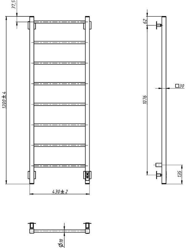 Полотенцесушитель электрический Grota Simple K 430х1200 NM EL 120x45 см, подключение справа, слева, скрытое подключение справа, матовый хром, лесенка
