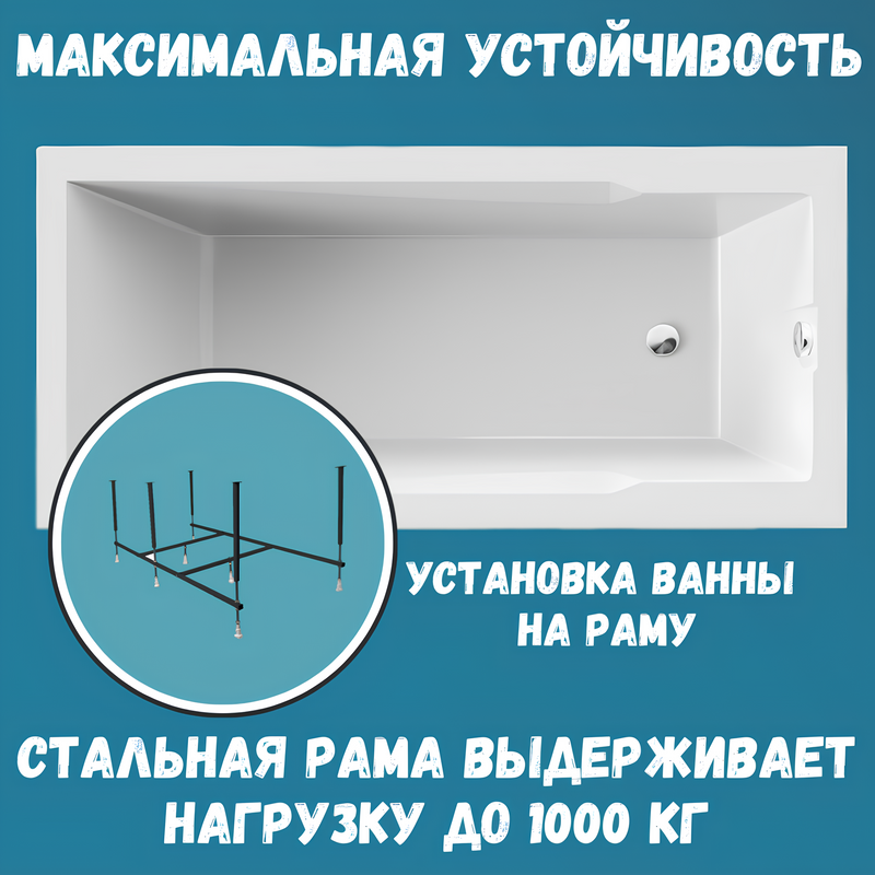 Акриловая ванна 1MarKa Raguza Премиум 190x90 см, пристенная, белая, с каркасом, с экраном, со сливом-переливом