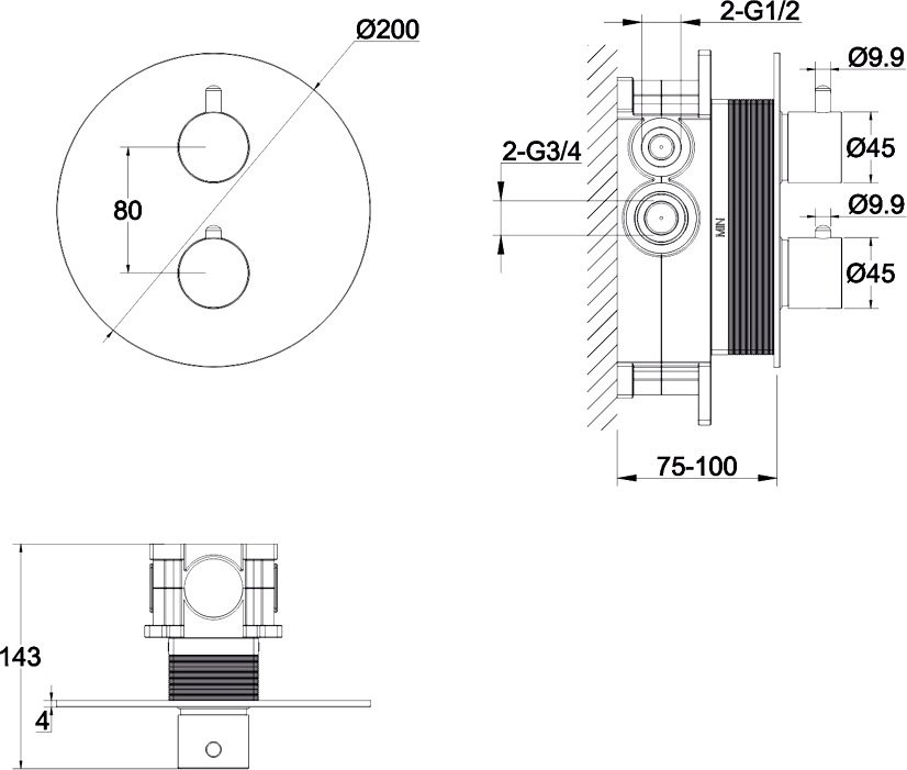 Термостатический смеситель встраиваемый WHITECROSS Y Y1236NIB С ВНУТРЕННЕЙ ЧАСТЬЮ, для ванны с душем, брашированный никель