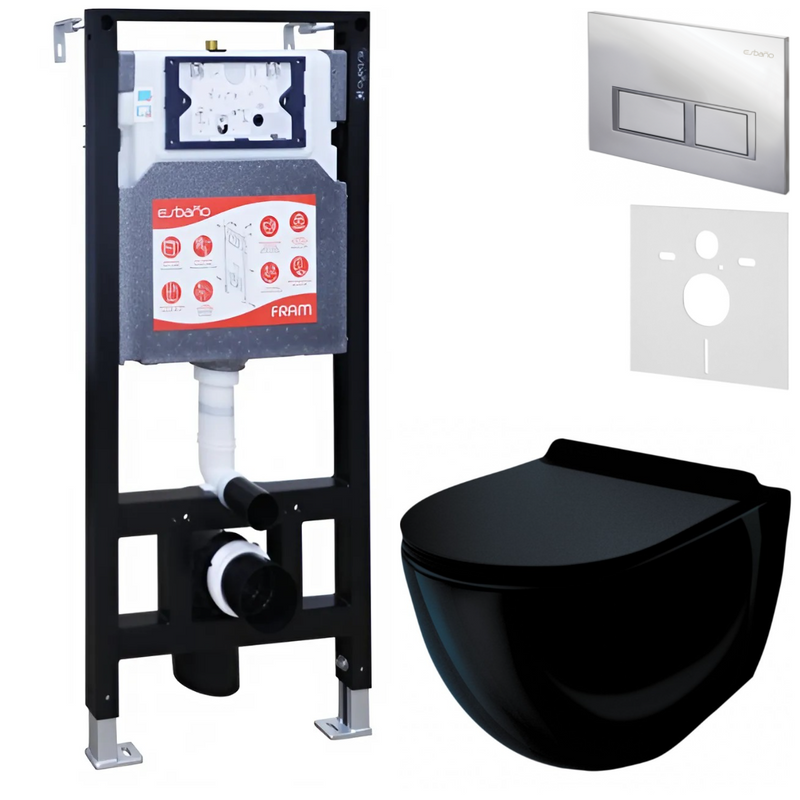 Комплект Унитаз подвесной Esbano Garcia ESUPGARCB черный глянец + Инсталляция Fram + Кнопка ESINPRK12SC