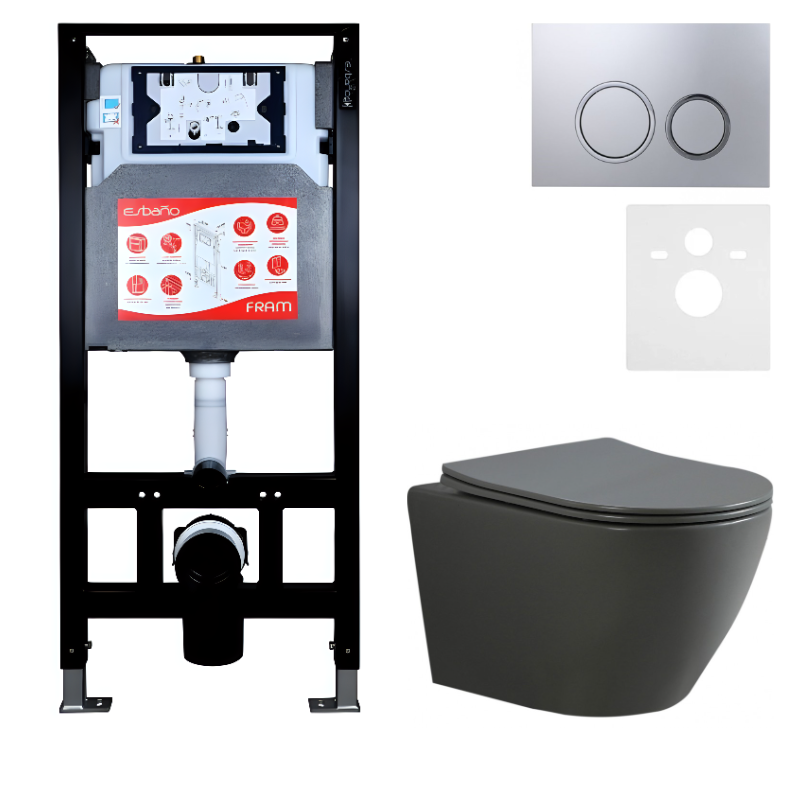 Комплект Унитаз подвесной Esbano Amapola ESUPAMAPGM матовый серый + Инсталляция Fram + Кнопка ESINKRG11MC
