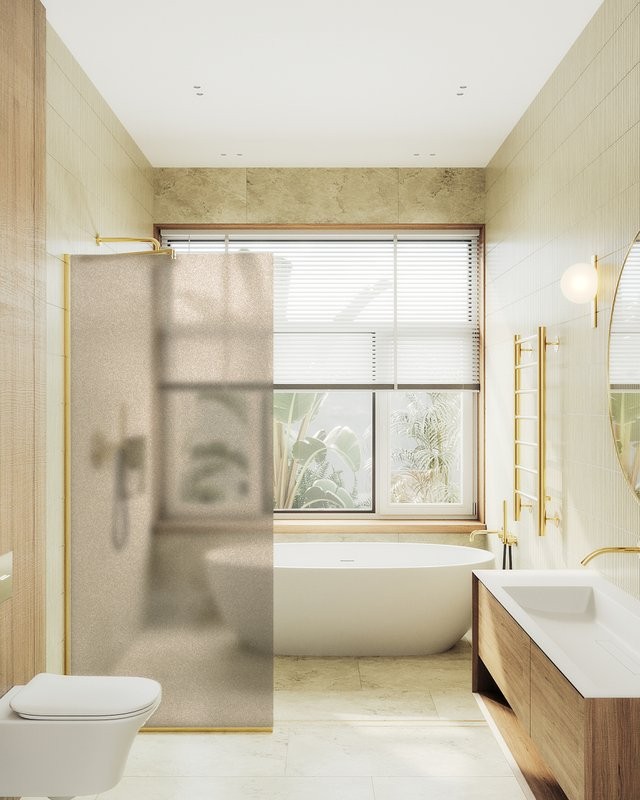 Душевая перегородка Maybahglass MGD-1354-3у 99 см, профиль золото, стекло бронза матовое