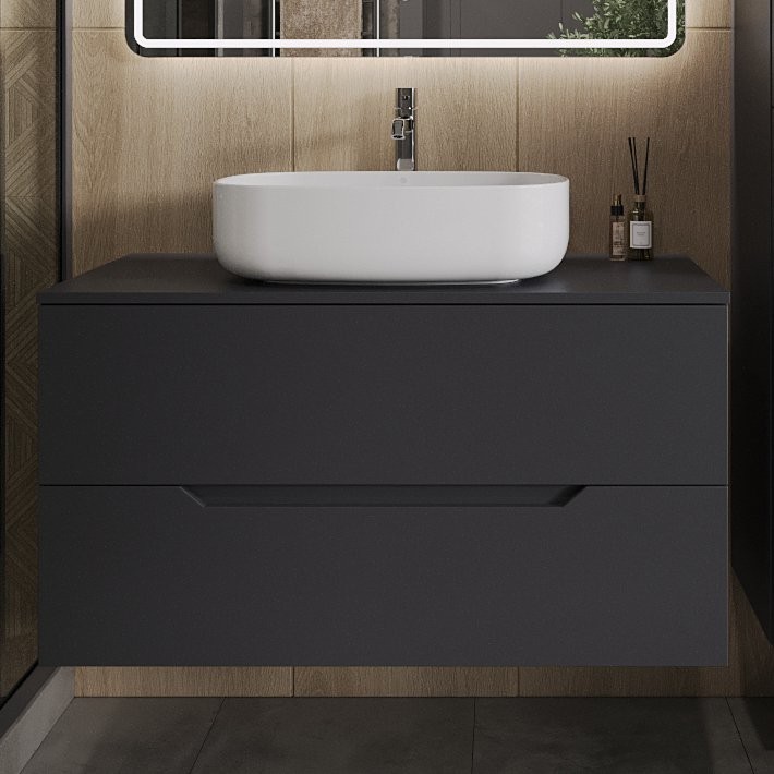 Тумба с раковиной Orange Line 100 подвесная, 2 ящика, матовый графит с раковиной B07-540W