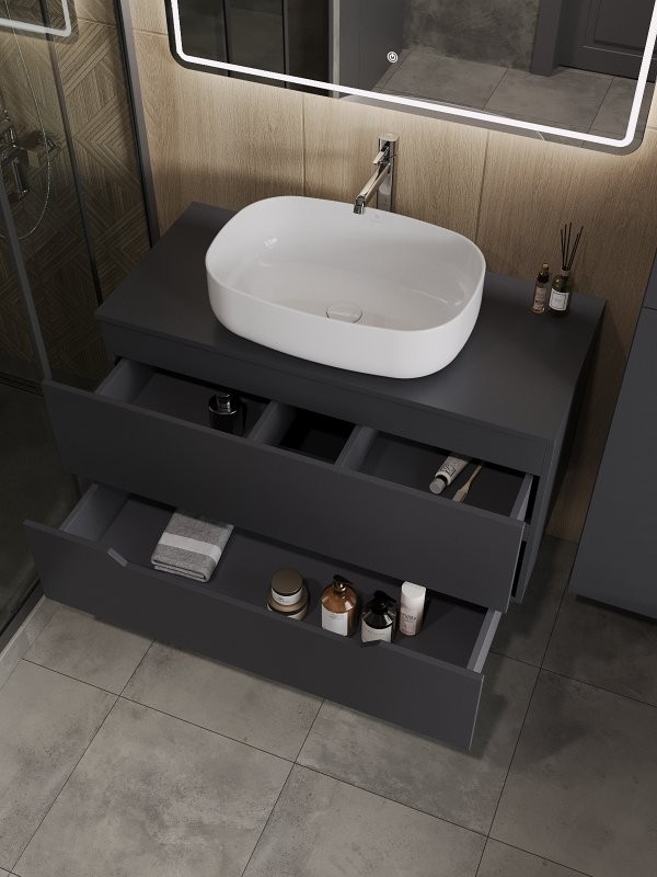 Тумба с раковиной Orange Line 100 подвесная, 2 ящика, матовый графит с раковиной B07-540W