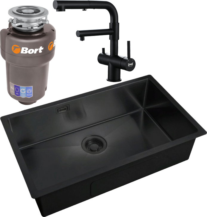 Комплект Мойка Zorg Light + Смеситель Sanitary SZR-3216 Grafit графит + Измельчитель Bort Titan Max Power
