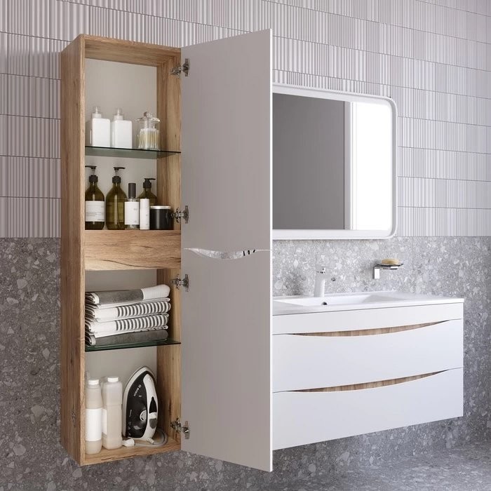 Шкаф пенал для ванной IDDIS Cloud белый, золотистый дуб