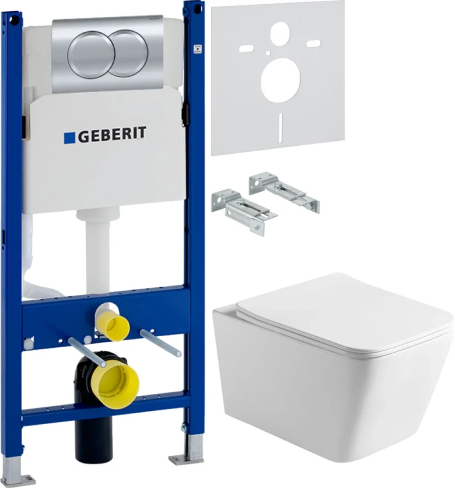 Комплект Унитаз подвесной Vincea Q-Line VT1-12 белый + Инсталляция Geberit Duofix Delta 458.149.21.1 с кнопкой смыва, хром + Звукоизоляция