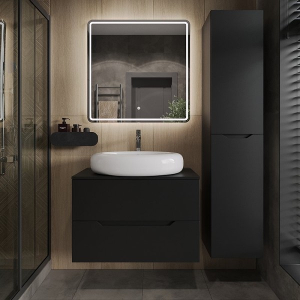 Мебель для ванной комнаты Orange Line 80 подвесная, 2 ящика, матовая черная с раковиной B08-640w