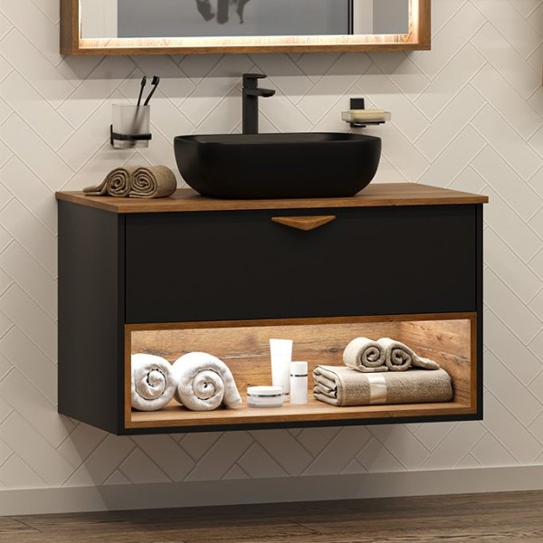 Тумба под раковину Brevita Bergen 90 подвесная, с подсветкой, дуб галифакс олово, черный
