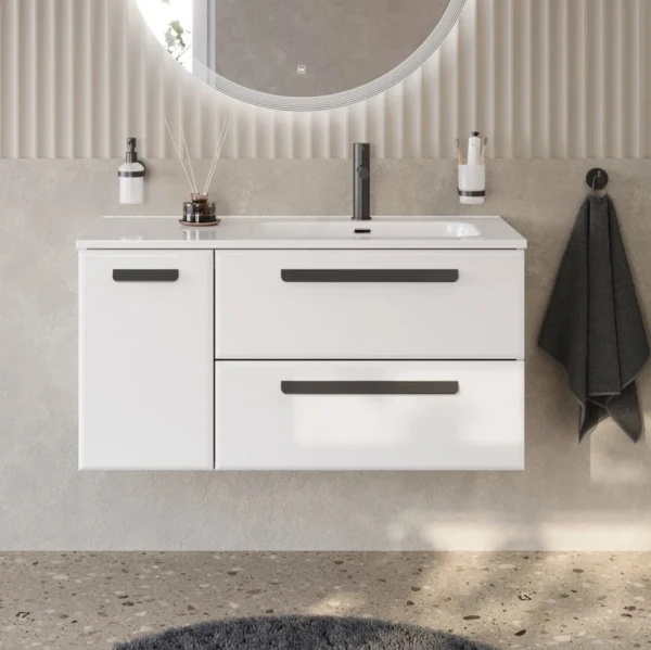 Тумба с раковиной Cezares Eco Cer-N 100 R 2 ящика, 1 дверца, bianco lucido, раковина Duet 100 R, ручки матовые черные