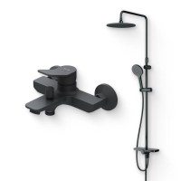 Душевой комплект Смеситель AM.PM X-Joy F85A10022, черный + Стойка Like F0780222, черная