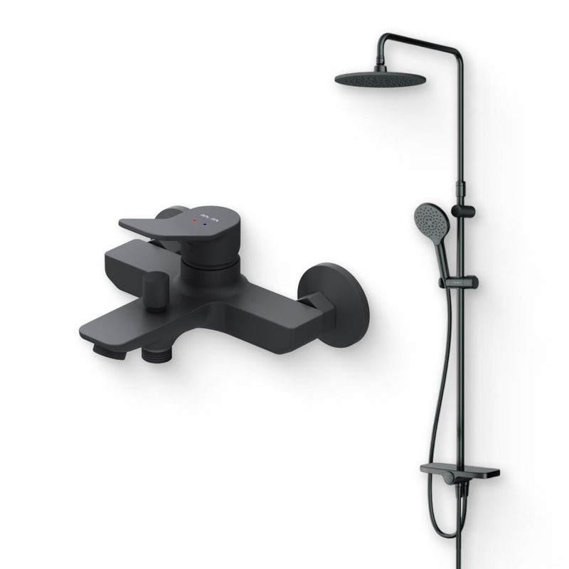 Душевой комплект Смеситель AM.PM X-Joy F85A10022, черный + Стойка Like F0780222, черная