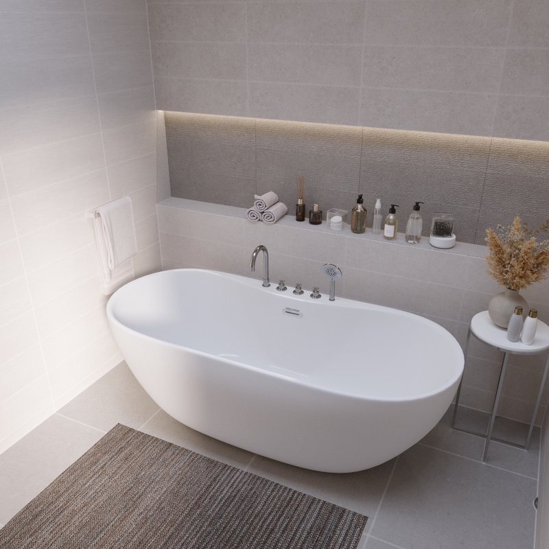 Акриловая ванна Grossman Classic GR-12501-1 160x75 см, отдельностоящая, белая, овальная, на ножках, со смесителем, с донным клапаном