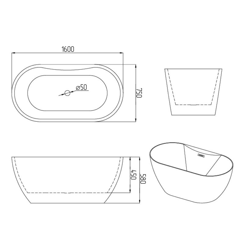 Акриловая ванна Grossman Classic GR-12501-1 160x75 см, отдельностоящая, белая, овальная, на ножках, со смесителем, с донным клапаном