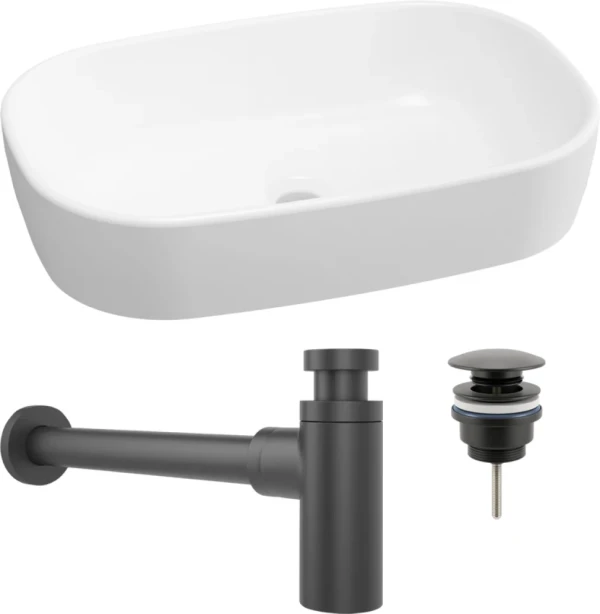 Комплект Накладная раковина Lavinia Boho Bathroom Sink 33311002 + Донный клапан Wellsee Drainage System 182140000 матовый черный + Сифон 182105000 матовый черный