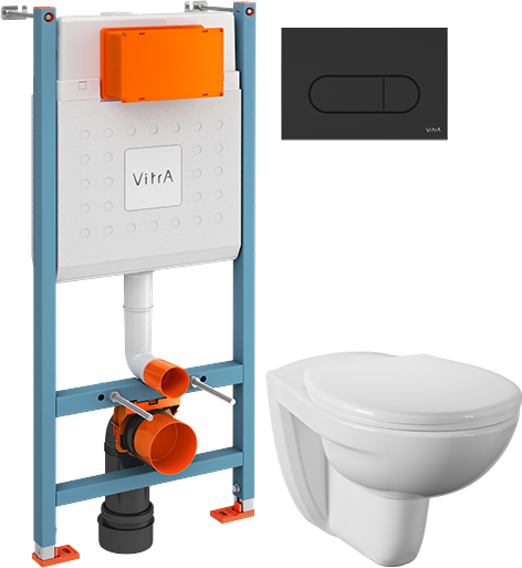 Комплект Унитаз подвесной Norm Fit + Крышка 803-003-709 с микролифтом + Инсталляция VitrA V-Fix Core 732-5800-01 с кнопкой смыва Root R 740-2211 черной матовой