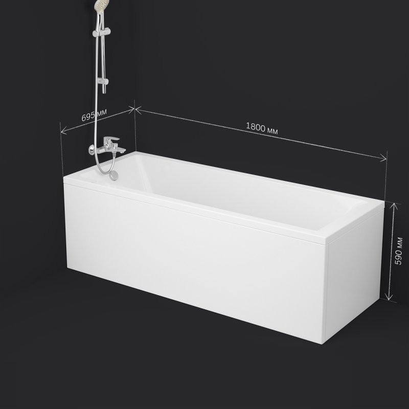 Акриловая ванна AM.PM Gem 180x70 см, пристенная, белая, с каркасом, с экраном