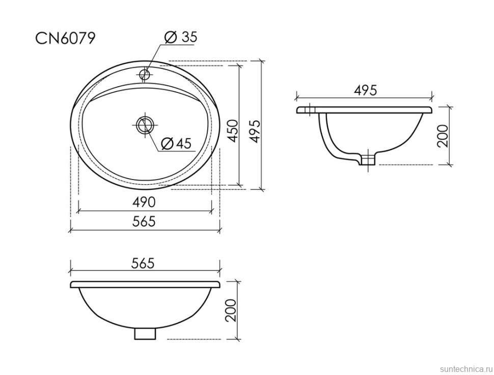 Раковина встраиваемая сверху Ceramicanova Sun овальная 565x495x200 мм с переливом цвет белый CN6079