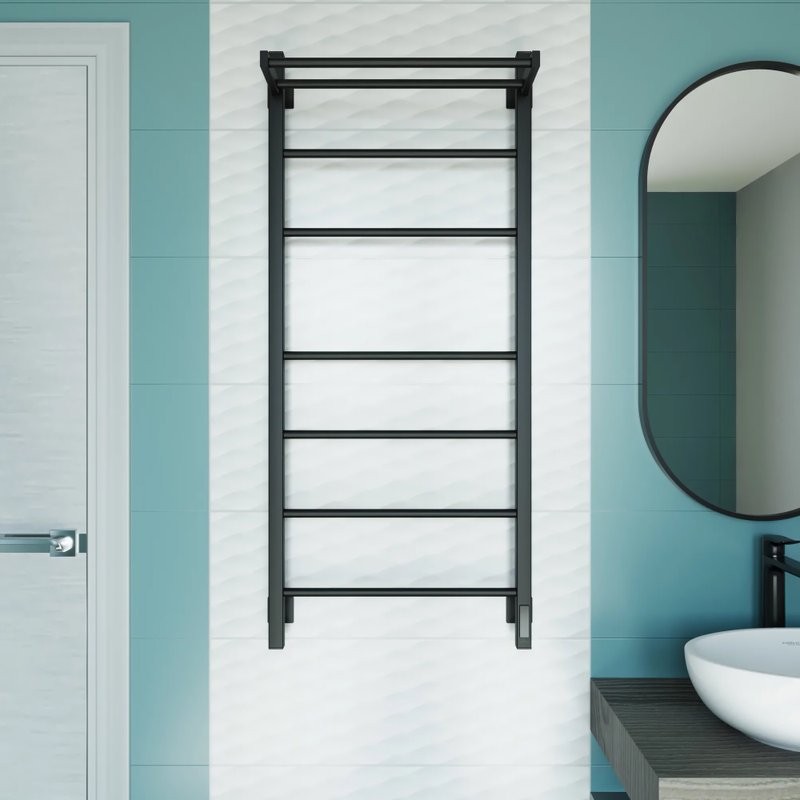 Полотенцесушитель электрический Grota Alto 530х1200 RAL9005 EL 120x55 см, подключение справа, слева, скрытое подключение справа, матовый черный, лесенка, из стали, с полкой